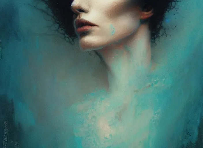 Image similar to a ghost in the turquoise - fog in the void, black background hyperrealism, no blur, 4 k resolution, ultra detailed, style of carlos schwabe, dariusz zawadzki, tom bagshaw, tom bagshaw, ismail inceoglu, robert mccall