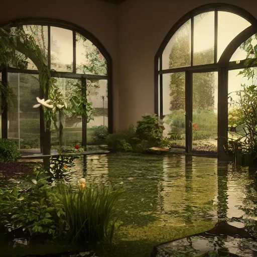 Prompt: a garden with a small pond inside an empty room, atmospheric lighting, octane render, unreal engine, 8 k