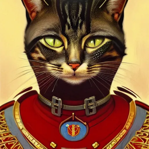 Image similar to a portrait of a cat, hero of the soviet union, upper half portrait, decorated with soviet motifs, intricate, elegant, highly detailed, symmetry, headpiece, digital painting, artstation concept art smooth sharp focus, illustration, art by artgerm and greg rutkowski alphonse mucha 8 k