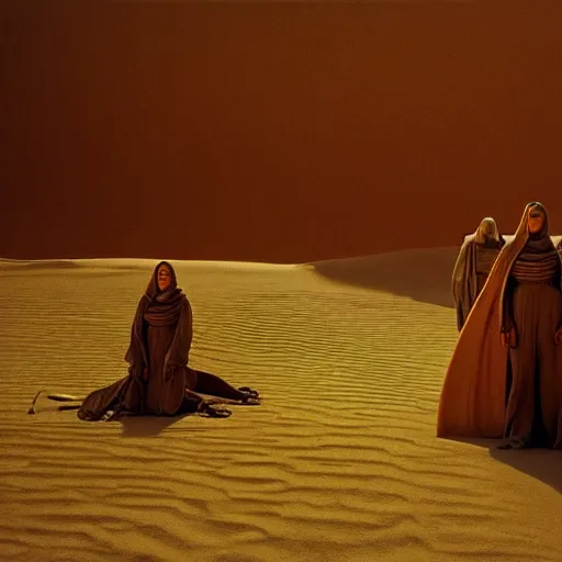 Image similar to colour aesthetic highly detailed photography scene from dune ( 2 0 2 1 ) by alejandro hodorovski and denis villeneuve and gregory crewdson style with ultra hyperrealistic very highly detailed faces. with many details by andrei tarkovsky and caravaggio in sci - fi style. volumetric natural light hyperrealism photo on kodak portra 4 0 0