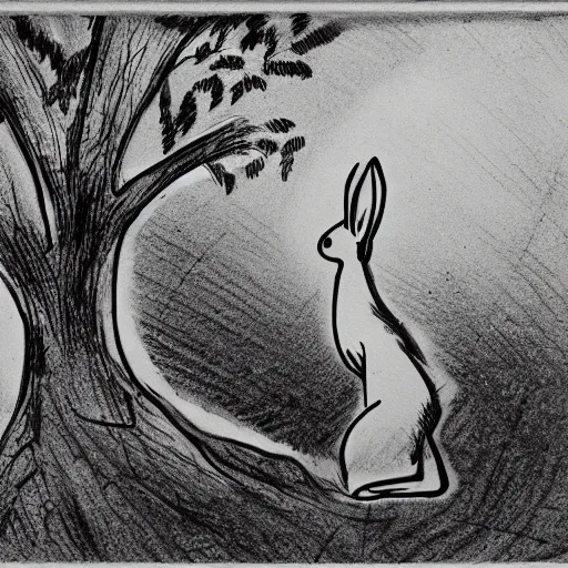 Image similar to milt kahl pen and ink sketch of a rabbit silhouette standing by a tree in the forest facing away disney style