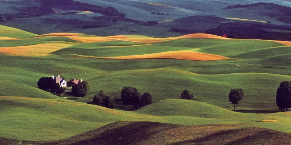 Prompt: A full color still from a Stanley Kubrick film featuring rolling green hills with windows, doors, and chimneys built into the hills, 35mm, 1975