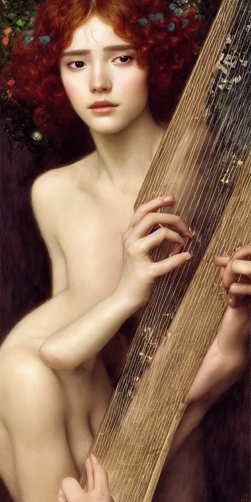 Prompt: masterpiece of a shy delicate elf bard, playing on a harp, followed by a shadow, beautiful face and flawless skin, perfect hands by Edgar Maxence and Ross Tran and Michael Whelan