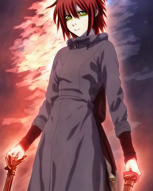 Image similar to Anime as Danila-the-Demonslayer girl cute-fine-face, brown-red-hair pretty face, realistic shaded Perfect face, fine details. Anime. runes-tattoo tattoo-hands, mage blue smoke, hooded outfit realistic shaded lighting by Ilya Kuvshinov katsuhiro otomo ghost-in-the-shell, magali villeneuve, artgerm, rutkowski, WLOP Jeremy Lipkin and Giuseppe Dangelico Pino and Michael Garmash and Rob Rey