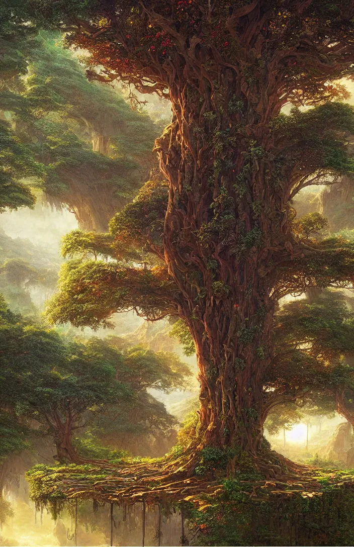 Image similar to beautiful hyper realistic detailed matte painting of fantasy tree of life in garden of eden, hdr, by Moebius and John Howe and Albert Bierstadt and Alena Aenami, ultra detailed, high resolution