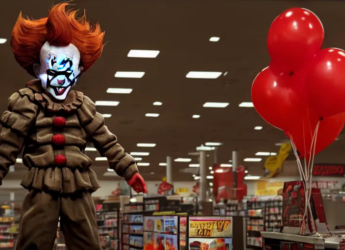 Image similar to giant pennywise shopping at gamestop, pennywise buying his game collection, amazing details, atmospheric, surrealism, 8 k, octane render, cold hue's, warm tone gradient background