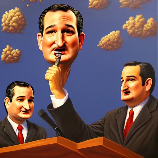 Prompt: an oil on canvas portrait painting of ted cruz doing a speech about the republican party, surrealism, surrealist, cosmic horror, rob gonsalves, high detail