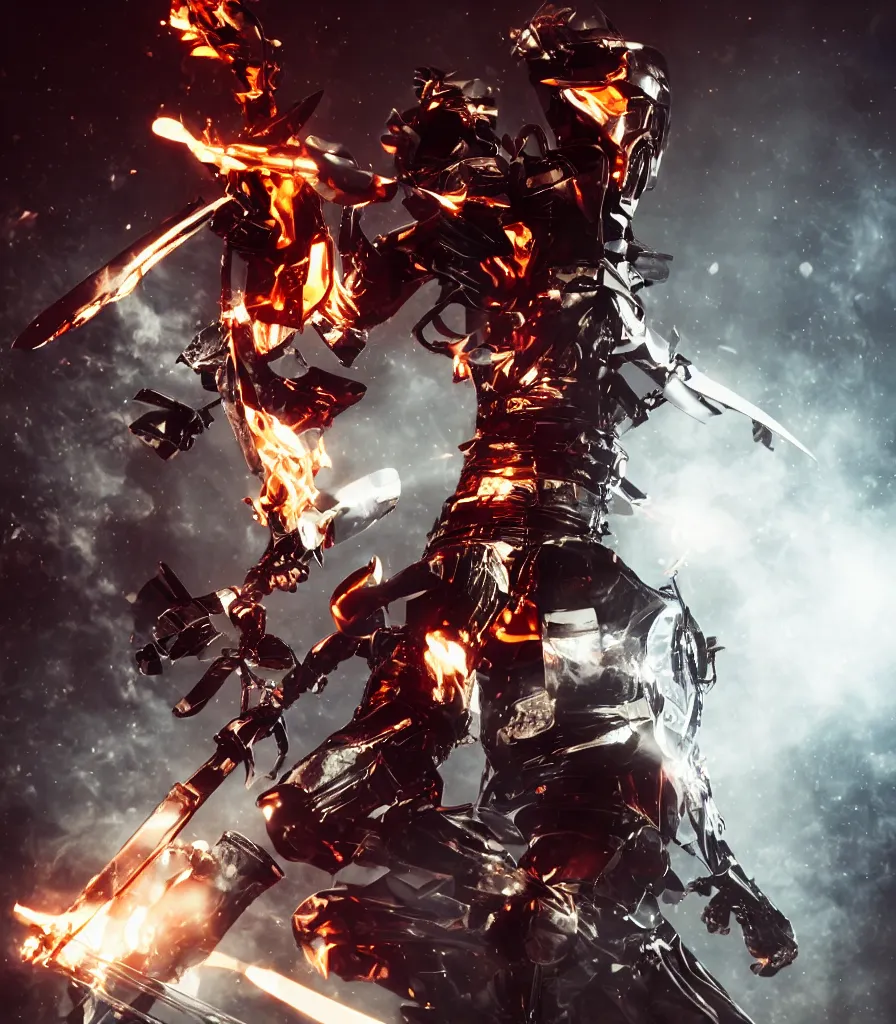 Image similar to futuristic armored samurai holding a fire katana by Rick owens, 8k, epic, particles, bokeh