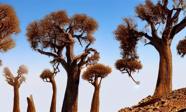 Image similar to panorama of big raindrops flying upwards into the perfect cloudless blue sky from a dried up river in a desolate land, dead trees, blue sky, hot and sunny highly-detailed, elegant, dramatic lighting, artstation, 4k, cinematic landscape, photograph by National Geographic