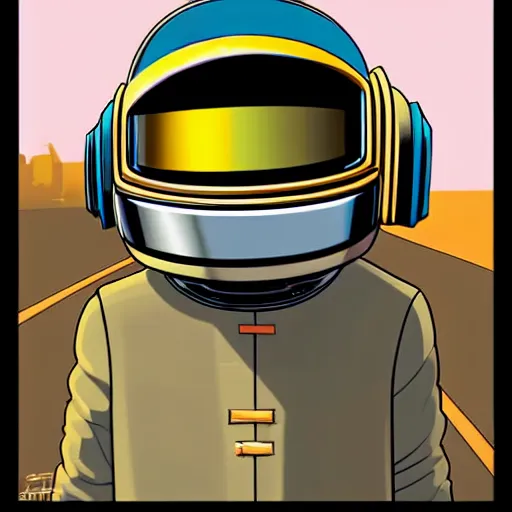 Image similar to a study of cell shaded cartoon of a daft punk in the style of howl's moving castle ( 2 0 0 4 ) on a desert road, full body, wide shot, very muted colors, post grunge, studio ghibli, laurie greasley, highly detailed, deviantart, art by artgem