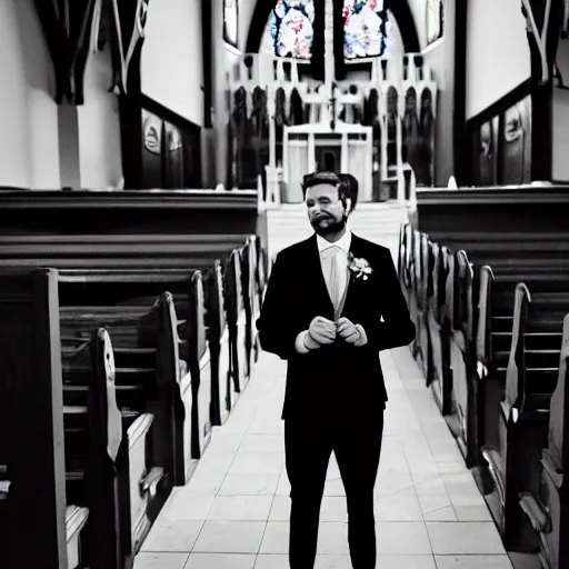 Image similar to a photography of a man in a suit barging into a church to interrupting a wedding