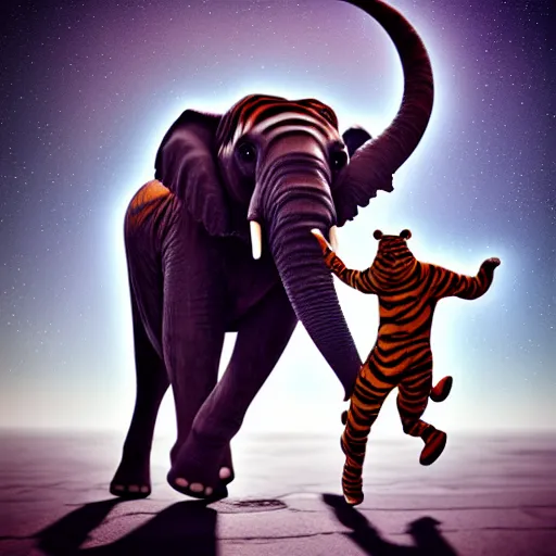 Image similar to A hyper real comic book style portait painting of an elephant and a tiger walking on the moon, unreal 5, hyperrealistic, octane render, cosplay, RPG portrait, dynamic lighting