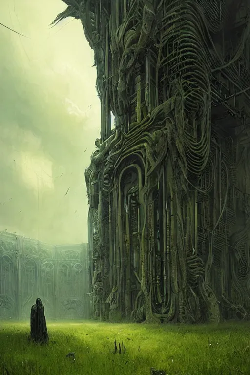 Image similar to portal from hell to a beautiful green meadow by giger, greg rutkowski