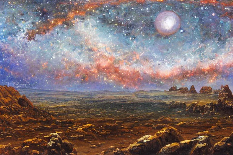 Image similar to a beautiful wide angle landscape painting of a rock galaxy in the west end of the moon