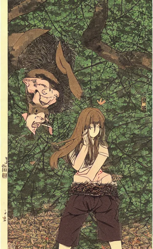 Image similar to by akio watanabe, manga art, a boar is curios about a girl with brown hair, in forest, trading card front, kimono, realistic anatomy, sun in the background