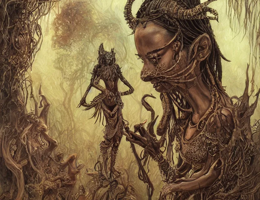 Prompt: a detailed portrait inspired by rebecca guay and mtg of the anthropomorphic frog mantis wizard shaman in his muddy creek. ancient african fantasy anime movie poster in the style of riven and myst. symmetry. arcane symbolism, intricate surrealist fantasy artwork. oil on canvas. award winning. dramatic. trending on artstation. 8 k