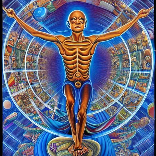 Image similar to atlas holding the world on his back by alex grey