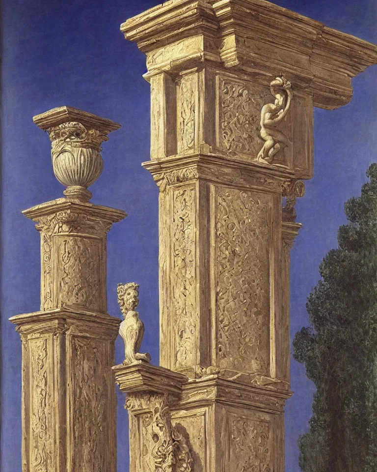 Image similar to achingly beautiful painting of intricate ancient roman corinthian capital on brilliant sapphire background by rene magritte, monet, and turner. giovanni battista piranesi.