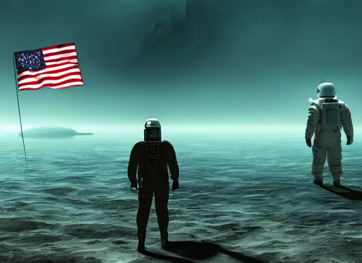 Image similar to astronaut holding a flag in an underwater desert. a submarine is visible in the distance. dark, concept art, cinematic, dramatic, atmospheric, 8 k, trending on artstation, blue, fish, low visibility, fog, ocean floor, christopher nolan, interstellar