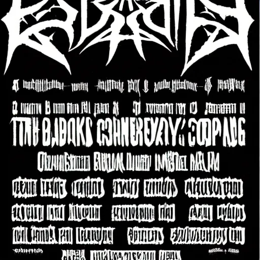 Image similar to black metal concert flyer, black metal logos, unreadable, poster, 3 band lineup