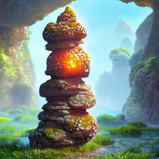 Image similar to tiny stone tower, expressive eyes, floating, rbc, radiolaria, protophyta, micro - organisms, center frame, symmetric, rim light, marine microbiology, bioluminescence, electric, fur, soft, concept art, intricate details, highly detailed, colorful, photorealistic, disney pixar, octane render, iridescent, anime