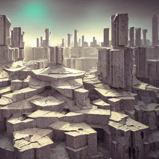 Image similar to a surrealistic oil painting of brutalism rock fractals in style of old soviet town, grimdark, 4k, ultra detail, volumetric lighting, unreal engine, octane render