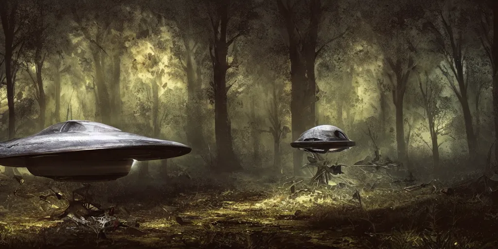 Prompt: abandoned crashed ufo in the forest, night, concept art, art station landscape, cinematic lighting hyper realistic painting, dark atmosphere