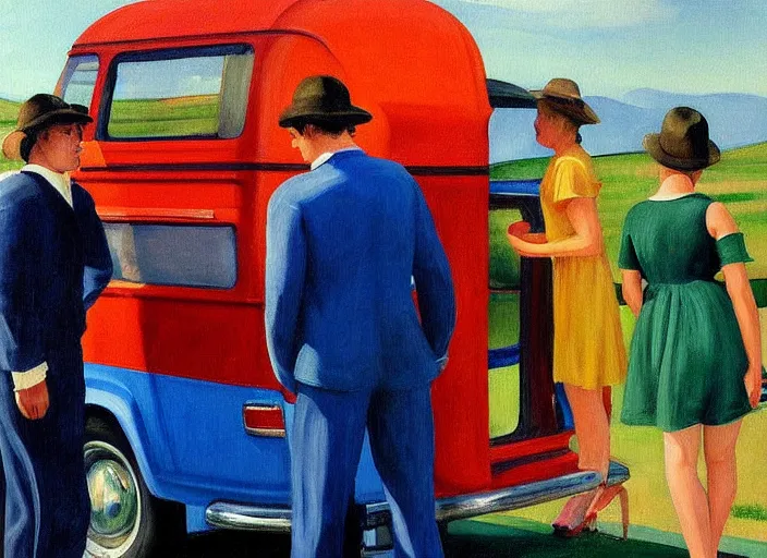 Image similar to detailed painting two young men and women near blue vw bus by edward hopper, bernardo bertolucci dreamers movie scene