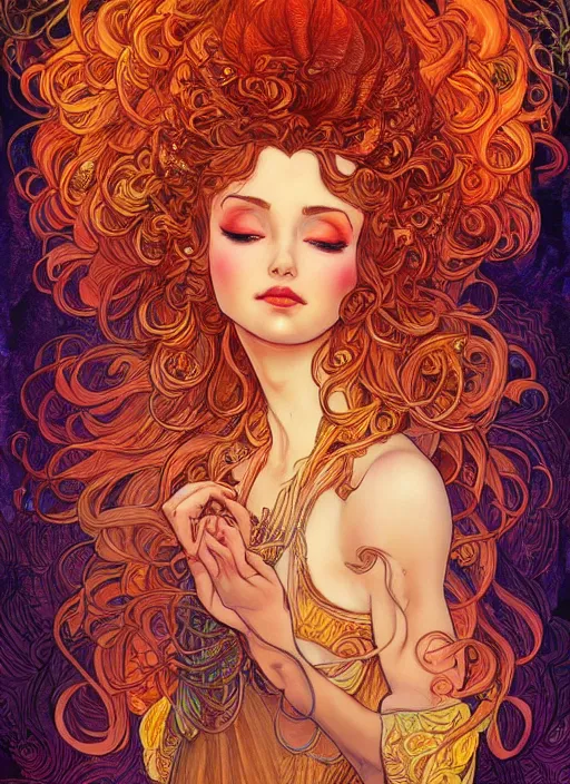 Image similar to Fire Goddess, hair made out of flames, ambient lighting, 4k, josephine wall, alphonse mucha, lois van baarle, ilya kuvshinov, rossdraws, artstation