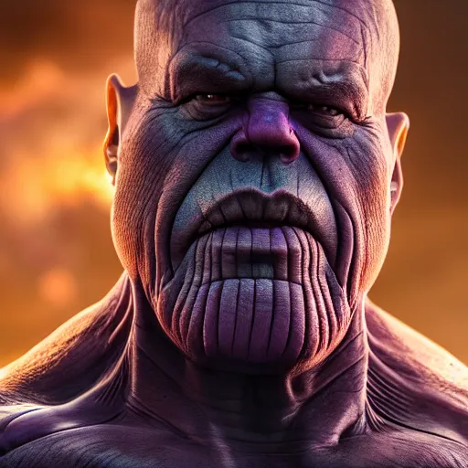 Prompt: Thanos merged with homer simpson, ultra realistic, concept art, intricate details, dark, highly detailed, photorealistic, octane render, 8k, unreal engine