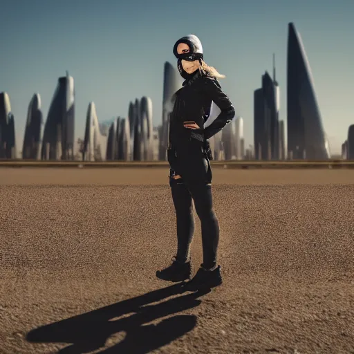 Image similar to photograph of a techwear woman, closeup, on a desert road with a futuristic city in the horizon, sigma 85mm f/1.4, 4k, depth of field, high resolution, 4k, 8k, hd, full color