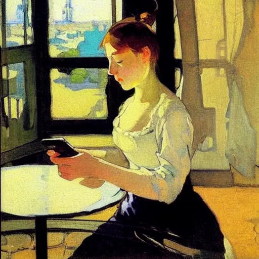 Prompt: a girl with phones on a table sits at a table in a sunny room, the window is open, peaches on a table, by valentin serov