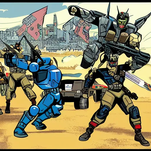 Image similar to GI Joe and Transformers mixed into a dream storybook illustration