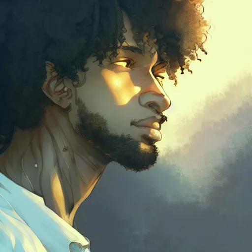 Prompt: Portrait of man with curly hair and brown skin, atmospheric lighting, intricate detail, cgsociety, ambient light, dynamic lighting, anime style by Yusuke Kozaki