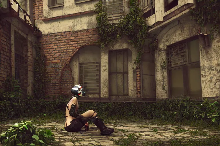 Prompt: Broken cyborg girl with VR helmet sitting on old courtyard with mud and an old playground between two soviet five-storey overgrown with ivy panel houses, high details, cinematic, 8k resolution, beautiful detailed, insanely intricate details, artstation trending, rule of third, octane render, unreal engine