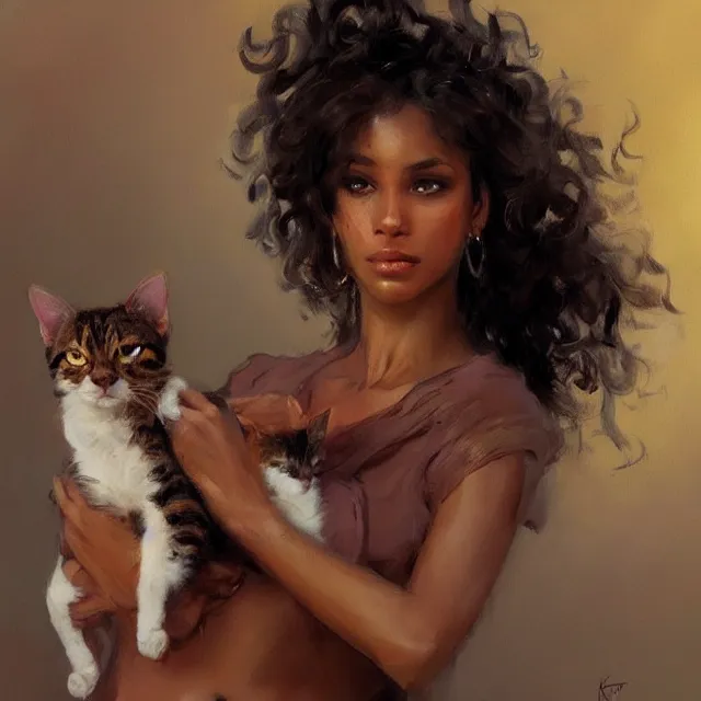 Image similar to a brown skinned woman with two cats, brown curly hair, portrait, elegant, intricate, digital painting, artstation, concept art, smooth, sharp focus, illustration, art by konstantin korovin and daniel f. gerhartz and john howe