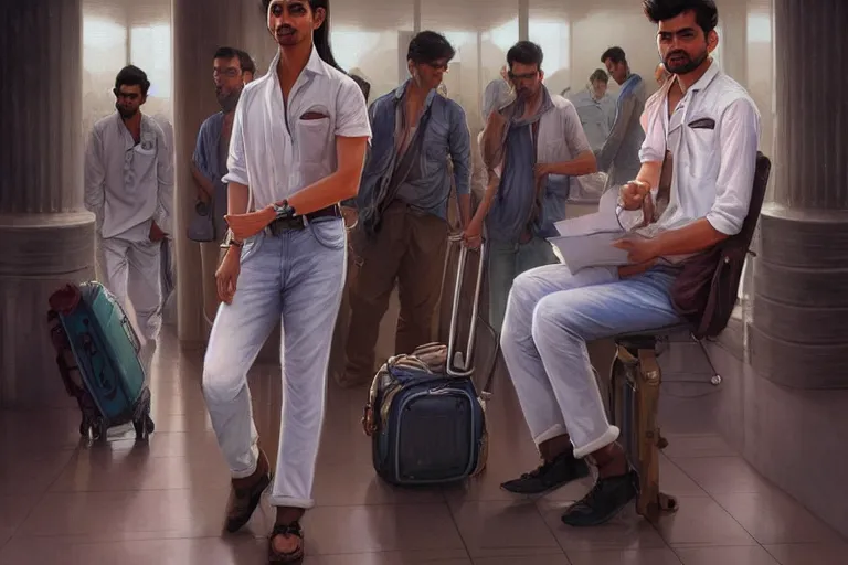 Image similar to Anxious good looking pale young Indian doctors wearing jeans and shirts at the airport, portrait, elegant, intricate, digital painting, artstation, concept art, smooth, sharp focus, illustration, art by artgerm and greg rutkowski and alphonse mucha