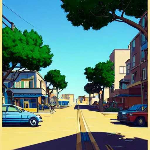 Image similar to neighborhood street, uptown street, golden hour, golden sunshine, trees over road, shining sun in distance, trees, juniper trees, oak trees, cars parked in street, long street, distance, cel - shaded, raytracing, cel - shading, toon - shading, 2 0 0 1 anime, flcl, jet set radio future, drawn by artgerm