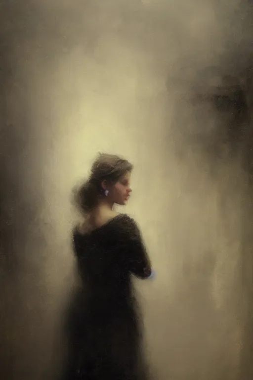 Prompt: detailed cinematic moody colors studio portrait of the memories of a victorian lady with a sensual pose kissing a gentleman with a blurred face high quality by jeremy mann, only one head single portrait