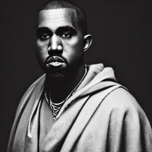 Image similar to a chiaroscuro lighting portrait of kanye west dressed as rick owens, black background, portrait by julia margaret cameron, shallow depth of field, 8 0 mm, f 1. 8