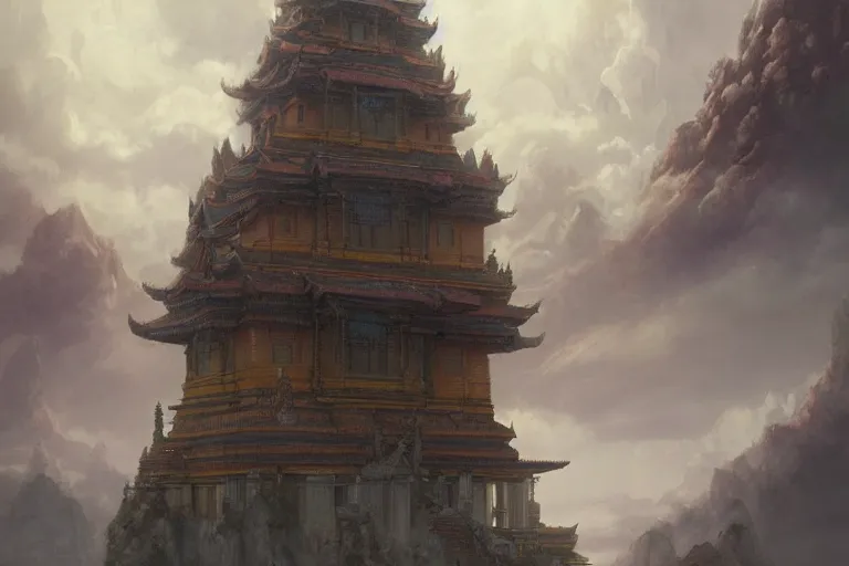 Image similar to a fantasy digital painting of a temple in the clouds, by Greg Rutkowski and James Gurney, trending on Artstation, highly detailed