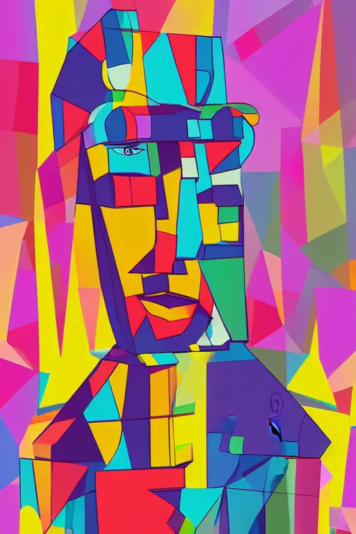 Image similar to cubist moai statue cutout digital illustration cartoon colorful beeple