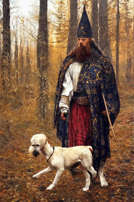 Image similar to Slavic dog head man, woolen torso in medieval clothes, walking in the forest, Orthodox Saint Christopher, oil painting, painting by Viktor Vasnetsov, concept art, hyperborea, beautiful dog head, hyperrealism, beautiful, high resolution, trending on artstation,