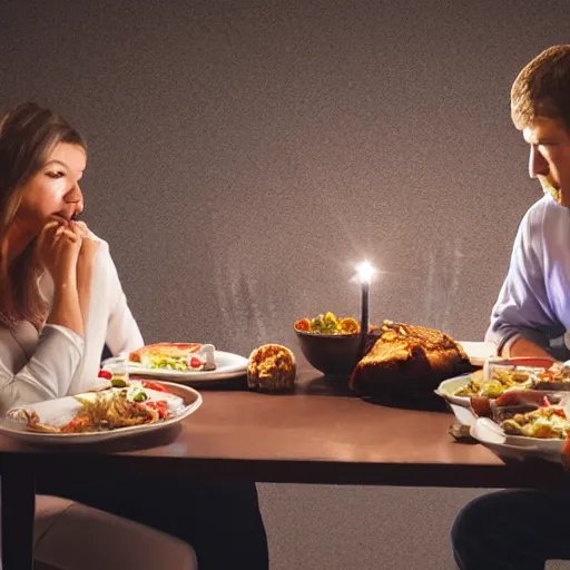 Prompt: wife and husband having terrible dinner at restaurant, 8K, photorealistic, Cinematic lights