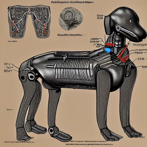 Image similar to anatomical drawing of a dog robot, with organs labeled