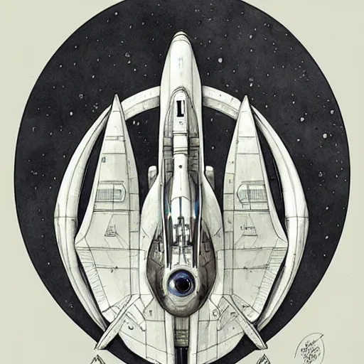 Image similar to design only, white background, symmetry, starship enterprise, by jean - baptiste monge