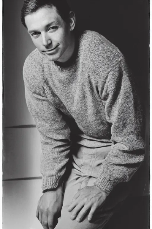 Image similar to gus hall in a sweater, black and white photograph