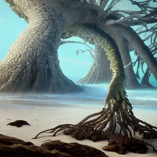 Prompt: stunning cinematic wide shot of a white sand beach with a forest of fulgurites surrounding a beautiful slick sea monster wearing clothes of kelp, fulgurites towering over the creature. well designed perfect with slick led eyes, sharp claws, cgsociety, hd octane render, fantasy, furry art, artstation, deviantart, furaffinity