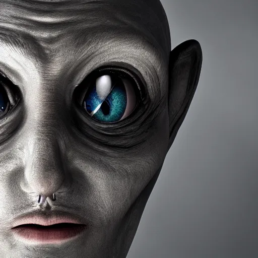 Image similar to 4 k portrait photography grey alien human hybrid face