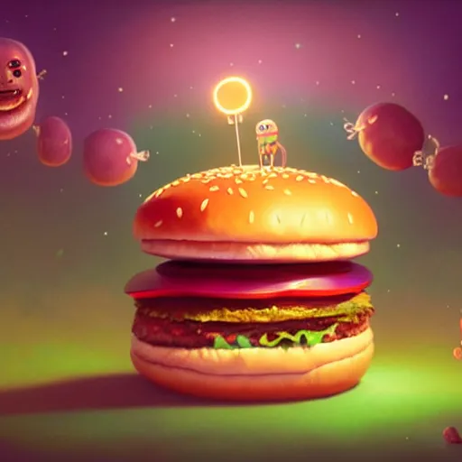 Image similar to a surreal Bioluminescent, very very very cute Hamburger in a happy world, extra onions and ketchup, luscious patty with sesame seeds, art by Daniel Merriam, Trending on Artstation, oil on Canvas by Elena Zhurikhina and Goro Fujita and Charlie Bowater, octane render, 4k, 8k, HD